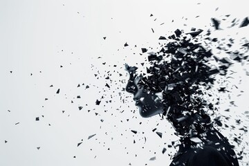 Fototapeta premium Woman breaking apart into small pieces depicting mental health