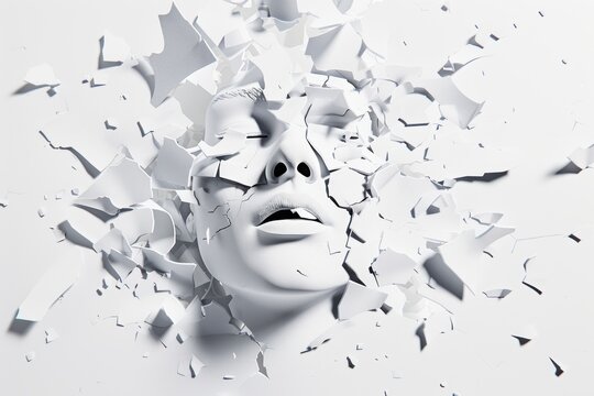 White woman face exploding breaking into pieces