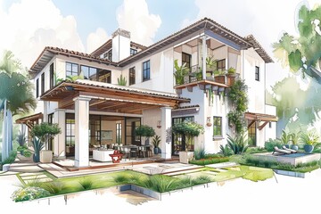 Obraz premium Architect presenting a beautiful luxury spanish villa with patio and swimming pool