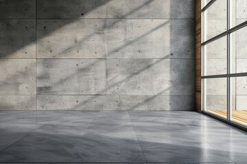 Obraz premium Sunlight entering empty room from large window illuminating concrete floor
