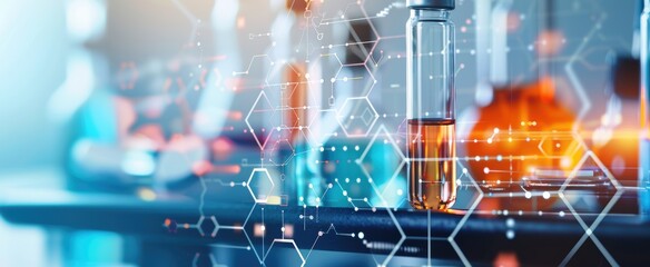 Scientist analyzing test tube with orange liquid in laboratory setting