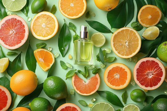 Fragrance mist bottle surrounded by fresh citrus fruits and leaves on a sunny day, creating a refreshing and invigorating aroma.