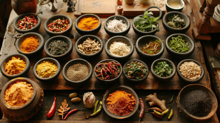 A variety of colorful spices and herbs arranged in rustic bowls on a wooden table, showcasing culinary diversity.