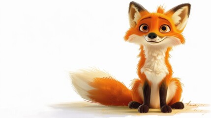 Obraz premium A charming, wide-eyed fox sitting playfully with its tail curled around its body on a clean white background, with subtle shadows giving a soft, hand-drawn feel 