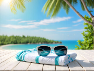 White beach towel with sunglasses on white wooden table. Free space for your decoration of product or text. Blurred landscape of sea and green trees with blue sky.