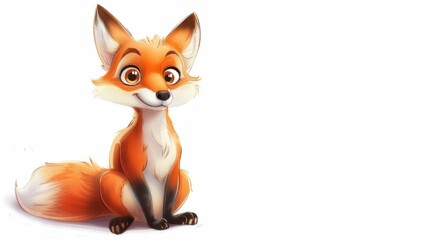 Obraz premium A charming, wide-eyed fox sitting playfully with its tail curled around its body on a clean white background, with subtle shadows giving a soft, hand-drawn feel 