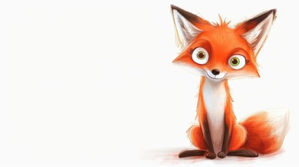 Obraz premium A charming, wide-eyed fox sitting playfully with its tail curled around its body on a clean white background, with subtle shadows giving a soft, hand-drawn feel 