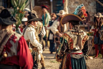Fototapeta premium A lively medieval festival scene with people in colorful period costumes engaging in various activities and socializing outdoors.