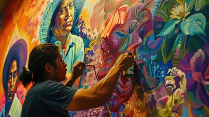 Fototapeta premium Artist painting a vibrant mural featuring colorful portraits and floral elements, showcasing creativity and cultural expression.