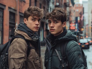 Fototapeta premium Two Guys Displaying Affection on a City Street, Embracing Urban Love Amidst Brick Buildings and a Bustling Cityscape This Tender Moment Captures the Raw Beauty of Authentic Connection in a Concrete