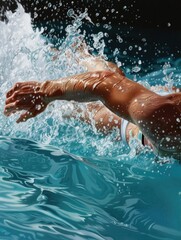 Close-up shot of a swimmer's arm cutting through the water, highlighting athletic motion and splashes in a pool.