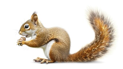 Obraz premium A delightful, playful squirrel with a bushy tail, holding an acorn on a bright white background, with fine, detailed lines giving a sense of depth and charm 