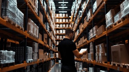 Warehouse staff checking inventory using a tablet in a modern storage facility with tall shelves and numerous boxes.