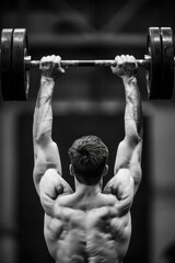 Fototapeta premium Black and white image of a muscular man lifting weights in a gym, showcasing strength and determination, perfect for fitness and workout themes.
