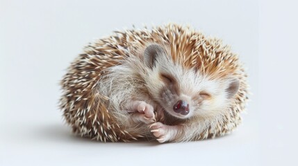 Fototapeta premium A sweet, tiny hedgehog with a gentle smile, curled into a ball on a white background, with delicate, whimsical lines adding a touch of magical realism --ar 16:9