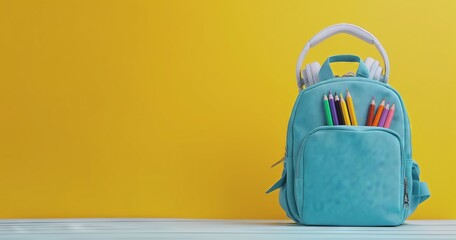 Turquoise backpack with colorful pencils and headphones on a blue and yellow background