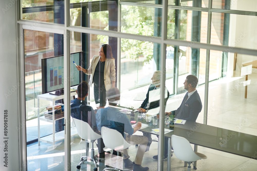 Aufkleber business woman, talking and conference room glass with collaboration and digital chart. speaker, abo