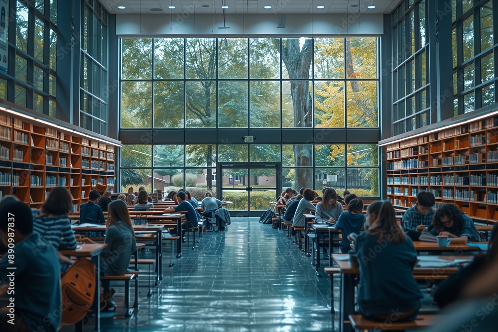 Poster students studying in a library with large windows and natural light