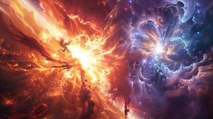 Celestial avatars of light and darkness clashing in a radiant explosion of cosmic energy amidst the swirling chaos of the universe.