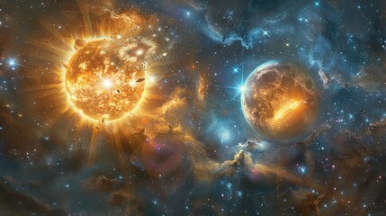 Obraz premium Celestial avatars of sun and moon clashing in a cosmic dance amidst a galaxy-spanning nebula of shimmering stardust.