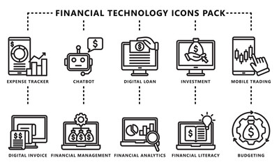 Financial technology black outline icons pack, contain investment, mobile trading, digital invoice and more. vector EPS 10. use for UI, UX financial theme, app and web development.