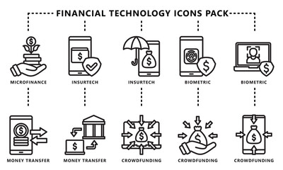 Financial technology black outline icons pack, contain crowdfunding, expense tracker, money transfer, and more. vector EPS 10. use for UI, UX financial theme, app and web development.