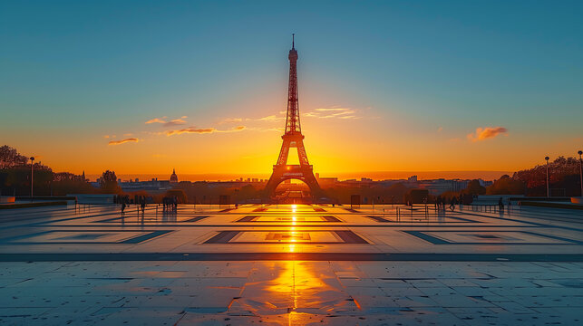 Eiffel Tower during sunset, with the sky painted in vibrant hues of orange and blue. The reflection of the sunset on the ground, travel, tourism, Paris, landmarks, olympic, sunsets