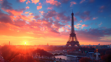 Eiffel Tower during sunset, with the sky painted in vibrant hues of orange and blue. The reflection of the sunset on the ground, travel, tourism, Paris, landmarks, olympic, sunsets