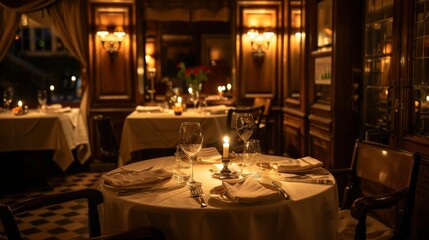 Romantic table for two at a high-end restaurant with dim lighting and elegant decor