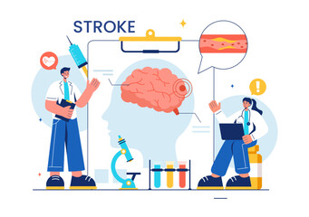 A Vector Illustration of Human Brain Stroke Highlighting Medical Details, Hemorrhage, and Pain Points for Health Checks in a Flat Cartoon Background