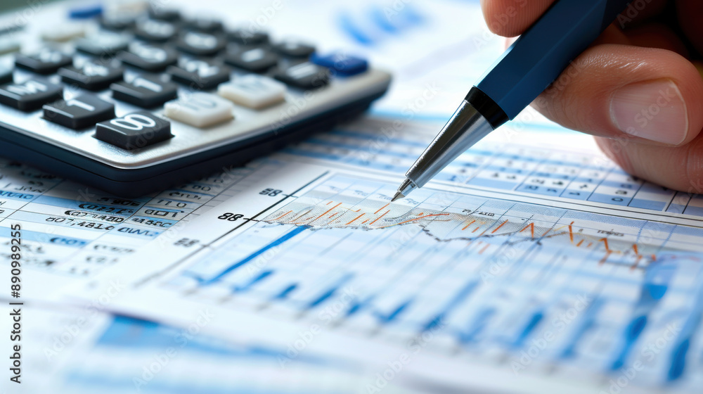 Poster close-up of hand using pen and calculator to analyze financial data and charts on a desk.