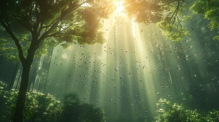 urban forest with interactive digital bird feeders and holographic trees, creating city oases 