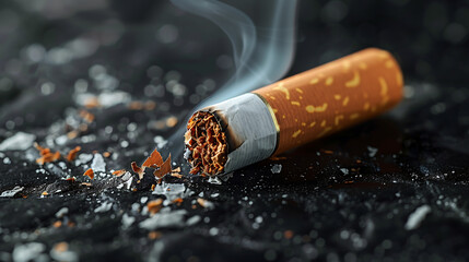 close-up of a burning cigarette, with smoke and ash particles against a background, anti-smoking initiatives, and public health promotions.