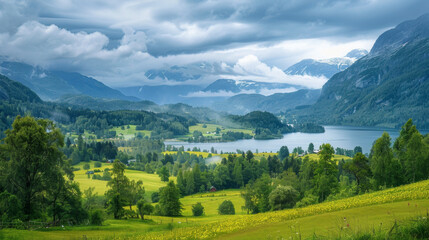 Fototapeta premium Breathtaking view of a lush mountain valley with green fields, forests, and a serene lake under cloudy skies.