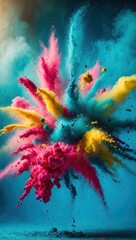 mesmerizing explosion of colorful powder on a brilliant cerulean blue background