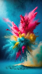 mesmerizing explosion of colorful powder on a brilliant cerulean blue background
