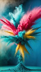 mesmerizing explosion of colorful powder on a brilliant cerulean blue background