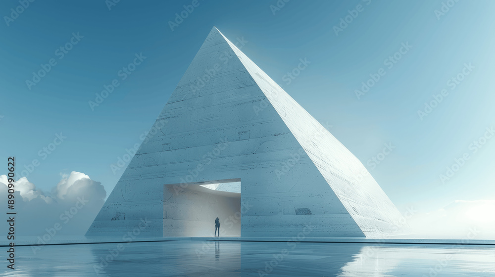 Poster 3d render of modern triangular concrete structure on blue sky background for car presentation