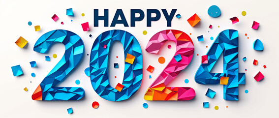 Fototapeta premium 2024 Happy New Year Colorful Paper Cut Style Greeting Card Vector Design