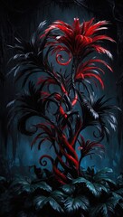 photograph of a hauntingly beautiful dark illustration featuring intricate black and fiery red palm branches