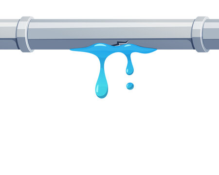 Broken pipe with leaking water vector isolated on white background.