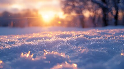 Frosty winter sunrise, golden morning light, ice crystals on snow, glistening snowdrifts, crisp dawn sky, silhouette of bare trees, soft pastel clouds, macro ice details, ethereal atmosphere.