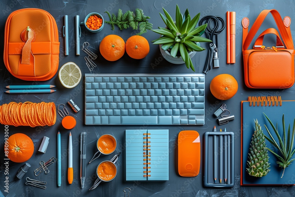 Poster flat lay of blue and orange desk items with a computer keyboard