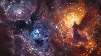 Celestial emissaries of divine radiance and arcane shadow engaged in a celestial conflict within the shimmering expanse of a celestial tapestry.