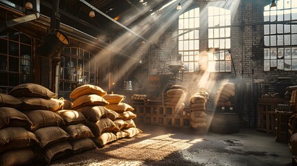 Fototapeta premium Industrial warehouse interior, stacked burlap sacks, coffee beans or grain, exposed brick walls, large industrial windows, sunbeams streaming in, enhanced natural lighting.