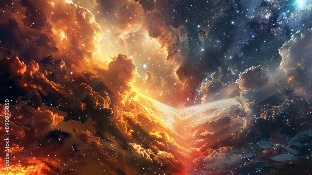 Wall mural celestial entities of dawn and twilight battling in an ethereal landscape of shifting hues and radia