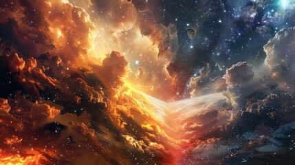 Celestial entities of dawn and twilight battling in an ethereal landscape of shifting hues and radiant light, under a sky filled with stars.