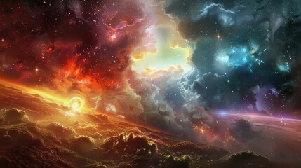 Celestial entities of dawn and twilight battling in an ethereal landscape of shifting hues and radiant light, under a sky filled with stars.