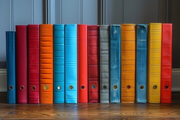 Naklejka premium Colorful Binders Arranged On Wooden Floor In Front Of Gray Paneling