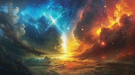 Celestial entities of dawn and twilight battling in an ethereal landscape of shifting hues and radiant light, under a sky filled with stars.